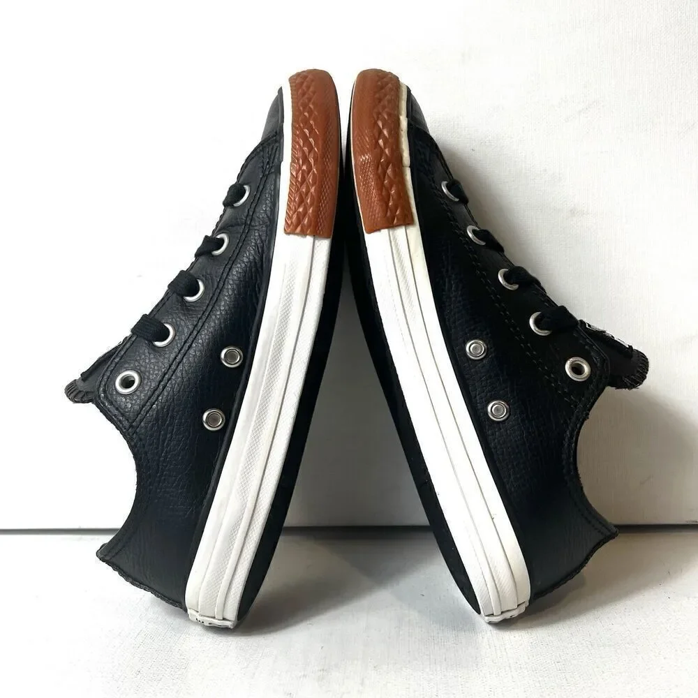 Converse All Star Kids Sz 2 Black Leather Low Top Lace Up Comfort Casual Sneaker